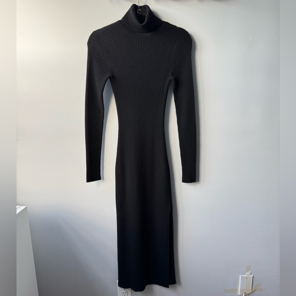 Reformation Black Ribbed Long-Sleeve Turtleneck Dress